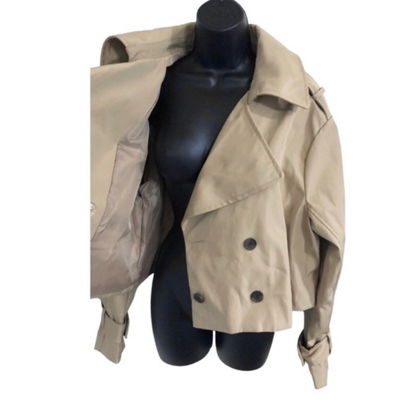 Stoosh tan beige cropped classic double breasted trench coat jacket‎ size Large - Picture 2 of 4